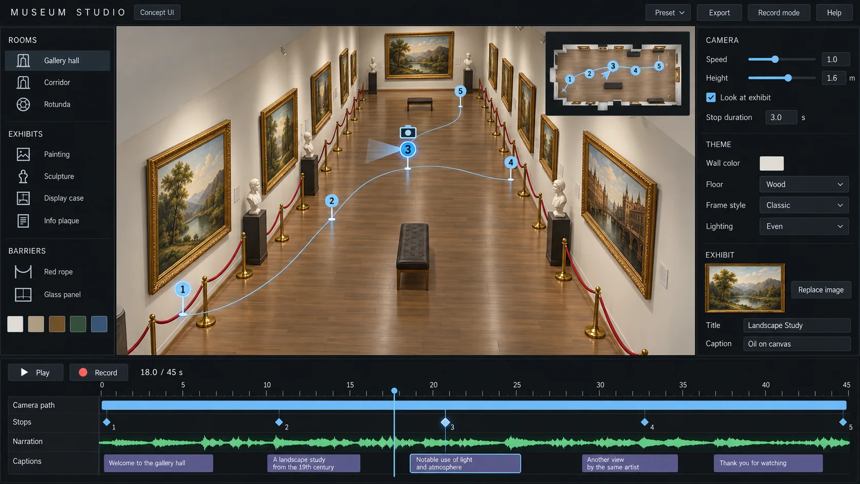 Museum Studio: a camera path with five numbered stops through the gallery, stop 3 selected, and a timeline with stops aligned to narration and captions.