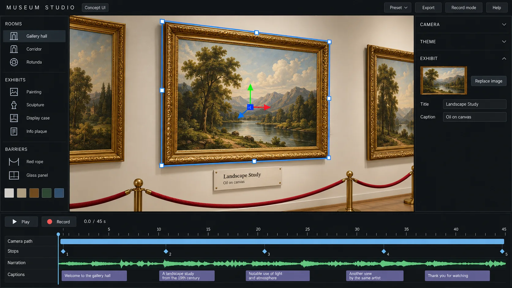 Museum Studio: a selected landscape painting in a gold frame, with Replace image, Title and Caption fields in the inspector and a matching plaque on the wall.