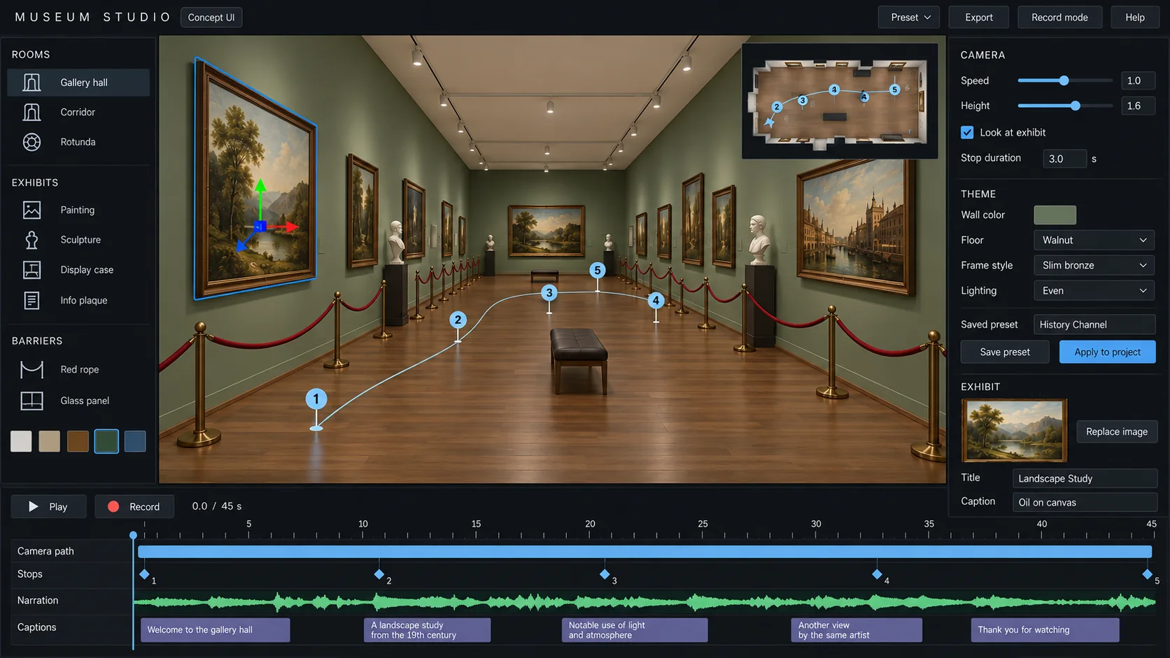 Museum Studio: the same gallery with sage green walls, walnut floor and slim bronze frames, with a saved preset named History Channel.