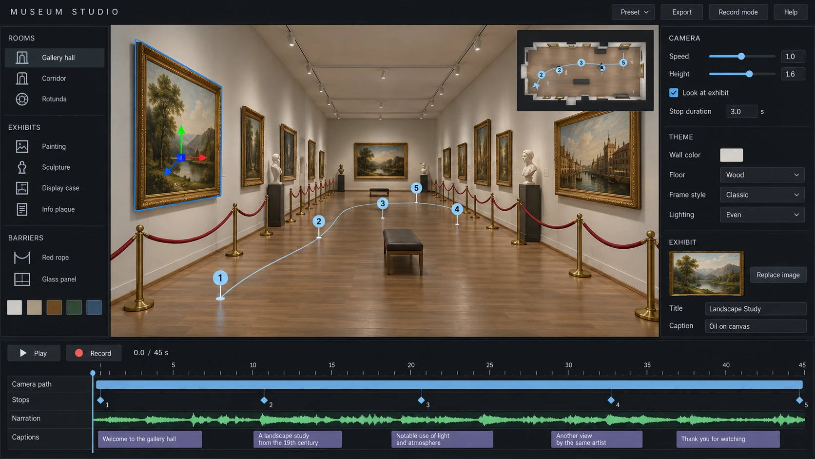 Museum Studio: a gallery hall with framed paintings behind red ropes, a numbered camera path on the floor and a floor plan minimap.